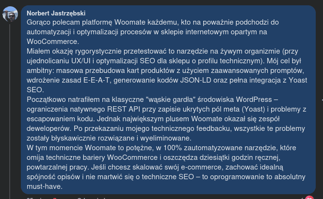 Opinia Norberta Jastrzębskiego o WooMate — Pro Lifetime