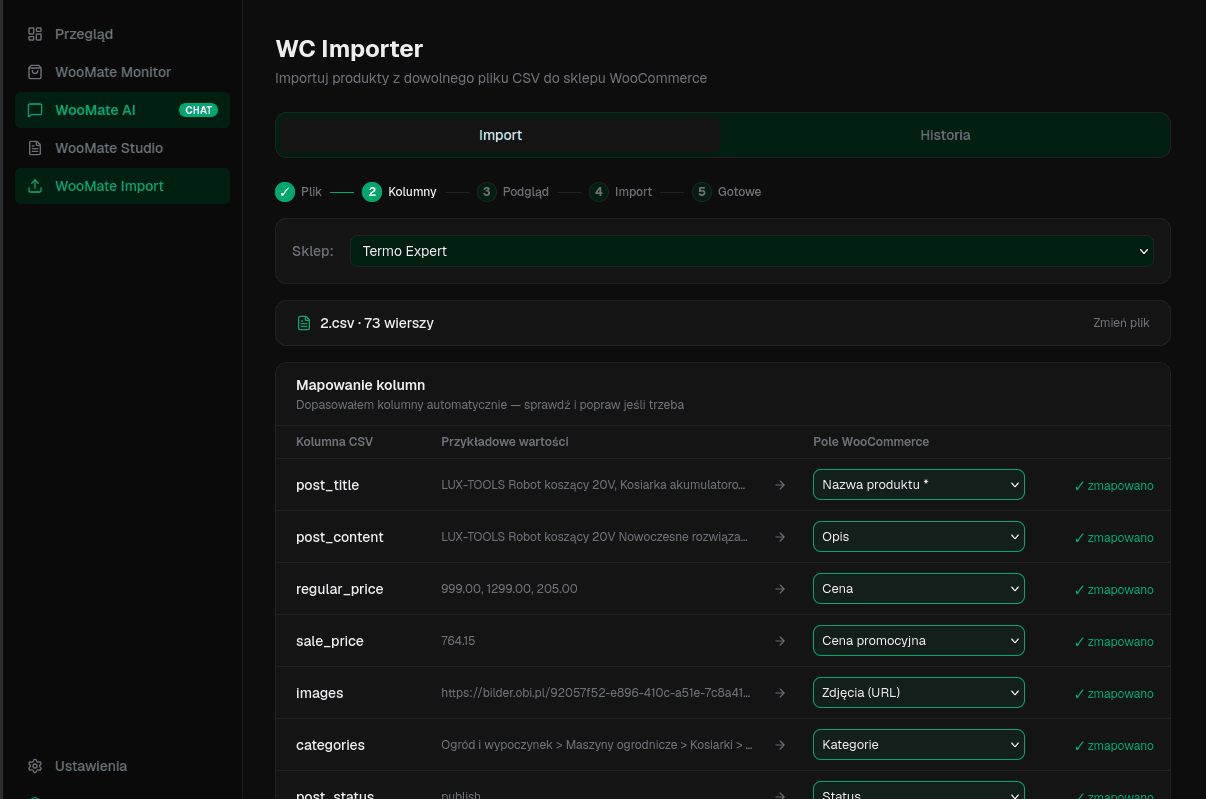 WooMate Importer — mapping CSV columns to WooCommerce