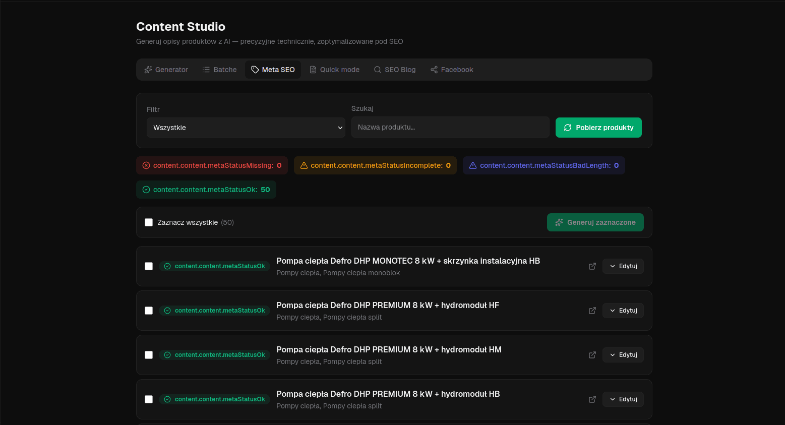 WooMate Studio — Meta SEO, product list with statuses